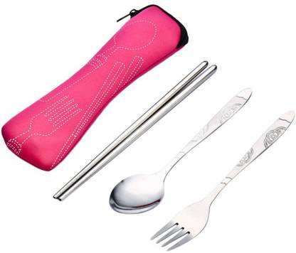 JERN Travel Stainless Steel Cutlery With Soft Pouch, Spoon, Fork and Chop Sticks Steel Cutlery Set