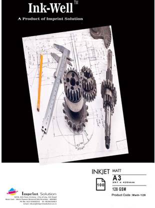 Ink Well Matte Paper A3 Size - 128 GSM, 100 Sheets Unruled A3 128 gsm Inkjet Paper
