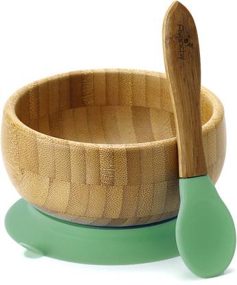 Avanchy Bowl Baby Toddler Infant Organic Bamboo Stay Put Suction Bpa Free Silicone Bowls Feeding Set + Soft Tip Spoon, Green