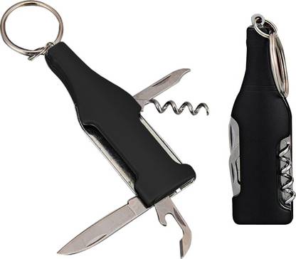 PACHPAN 56 Bottle Shape keychain with knife, Bottle Opener, Cork Opener & Filer Black Key Chain