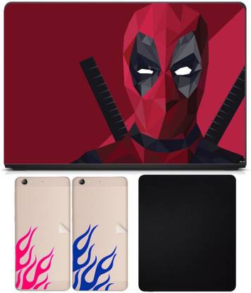 FineArts 4in1 Premium Quality, HD, UV Printed, Laminated, Protected, Bubble Free, Scratchproof, Washable, Easy to Install Laptop Skin/Sticker/Vinyl/Cover for 13.1, 13.3, 14.1, 14.4, 15.1, 15.6 inches (Red Colour Mask) on 3M Vinyl with Mouse Pad and Two Piece Fire Decal for Your Mobile Combo Set