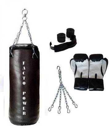FACTO POWER 6.5 Feet Long, SRF - HEAVY Material, Black Color, Unfilled with Hanging Chain with 9 Feet Long Black Color Hand Wraps Pair & Boxing Gloves Pair Home Gym Combo