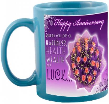 JMDPrints Personalized HAPPY ANNIVERSARY WISHING YOU LOST OF HAPPINESS HEALTH WEALTH AND LUCK Printed Sky blue Color Ceramic Coffee To Gift To wife Ceramic Coffee Mug