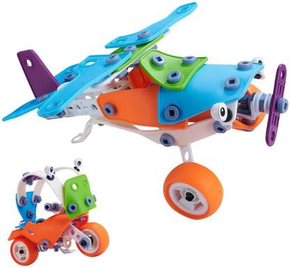 Toys Bhoomi 2 IN 1 Take-Apart 3D Model Airplane & Motorcycle Assembly Construction Building Blocks