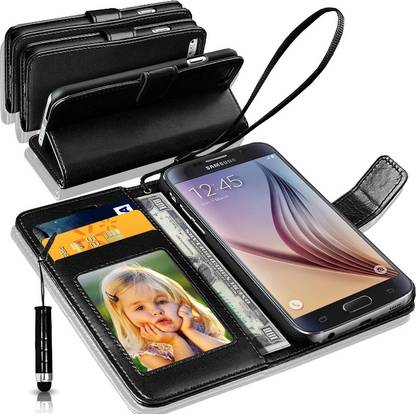 N+India Samsung Galaxy S6 EDGE Wallet Case Cover With Mini Stylus Black Accessory Combo