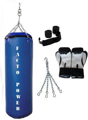 FACTO POWER 6.5 Feet Long, SRF - STANDARD Material, BLUE Color, Unfilled with Hanging Chain with 9 Feet Long BLACK Color Hand Wraps Pair & Boxing Gloves Pair Home Gym Combo