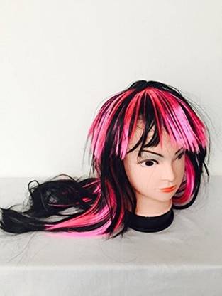 FUNCART Black Long Straight Hair With Pink Highlights