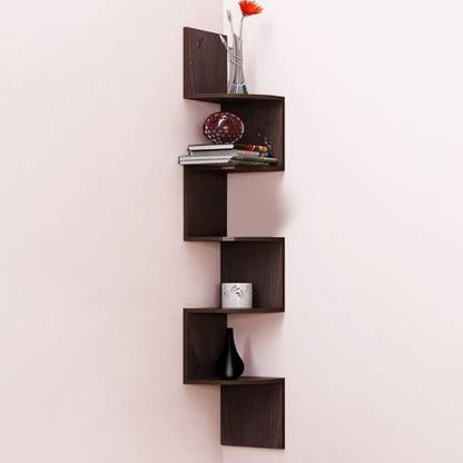 DECORASIA Brown Zigzag Corner MDF (Medium Density Fiber) Wall Shelf