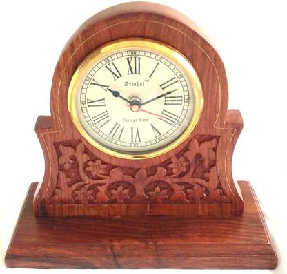 Artshai Sheesham wood carving table clock, handmade Mantel clock Analog Brown Clock