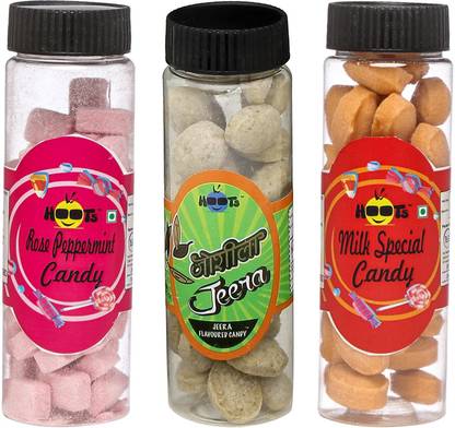 Hoots Rose Peppermint Candy, Joshila Jeera & Milk Special Candy Pack Of 3 Rose Peppermint, Jeera & Milk Candy