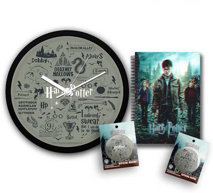 Mc Sid Razz Official "Harry Potter" Gift Set/Birthday Gift/Return Gift - Combo Pack Of 4, Infographic Grey Wall clock + House Crest 3 Fridge Magnet with Bottle Opener + House Crest 3 Badge and 3D Notebook