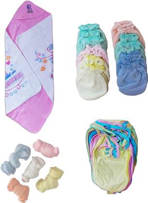 Dolphin52 Combo set 0f 4. 1.Baby blanket, 2. 12pcs baby gloves, 3. 12 pcs baby langot, 4. 5pcs baby socks. AGE:1-5 months