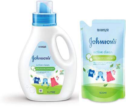 JOHNSON'S Baby Laundry Detergent Active Clean 1L Bottle With 500ml Pouch Liquid Detergent