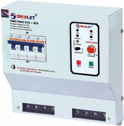 SKYLET Three Phase ELCB + RCCB + ISI Marked 4 pole MCB 63 A with high voltage protection, Overload Protection, Adjustable Leakage current 3 to 50 mA (Shock Guard) THREE PHASE ELCB+MCB MCB