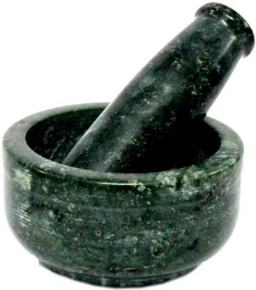 HALO NATION Green Stone Okhli, Kharad, Mortar and Pestle Set, Imam Dasta - 4 Inch Diameter - From Banks of Holy Narmada River - Marble Spice Grinder Masher Marble Masher
