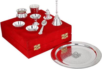 TALUKA Silver Plated Pooja Aarti Thali, Poojan Purpose, Gift Set, 8 Pieces Wedding Gift, Return Gifts, Pooja Thali Set Decorative Silver Plated
