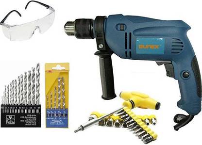 RUNEX Reversible Impact Powerful Electric Drill + 1 T-Bar Set + 13Pcs Hss Bit Set +5Pcs Masonary Bit Set + 1 Eye Safety Goggle Pistol Grip Drill