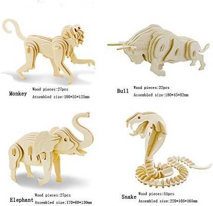 Adorn Life Set 3D Wooden Animal Snake,Monkey,Elephant,Bull 3D Diy Assembly Model Toy For Kids And Adults
