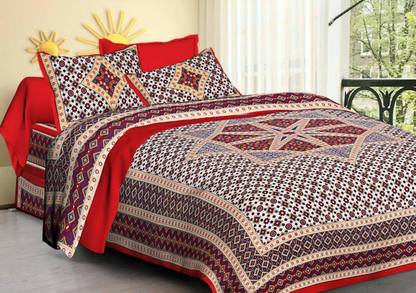 Saba dream Collection 100% Pure Cotton Dobule Bed sheet with 2 Pillow Cover with zipper Size-90X108ft 260 TC Cotton Double Printed Flat Bedsheet