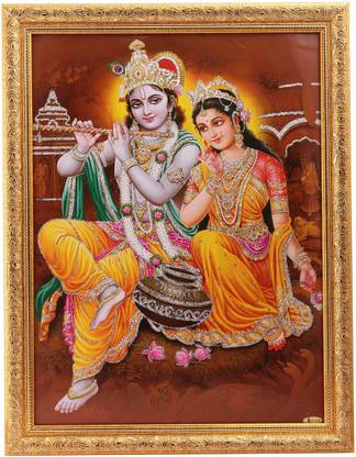 Silver Zari Work Photo Of Radha Krishna In Golden Frame Big Paper Print