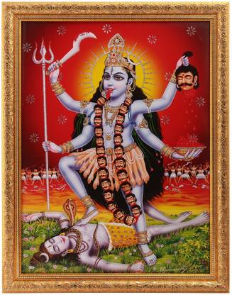 Silver Zari Work Photo Of Maa Kali In Golden Frame Big Paper Print