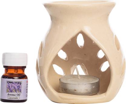 eCraftIndia Sandalwood Diffuser Set White Aroma Burner Set with Sandalwood Aroma Oil and 4 Tea Light Candles
