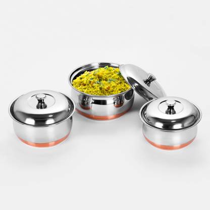 Sumeet 3pc Set of Stainless Steel Copper Bottom Multipurpose Cook & Serve Handi With Lid Cookware Set