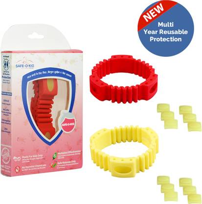 Safe-o-kid Set of 2 YELLOW+RED TRIPLE POWER Anti-Mosquito Band+6 FREE Mos Patches+12 Refills, DEET-Free, Reusable, Mosquito Repellent Band