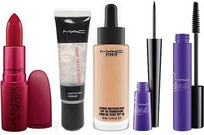 M.A.C Brave Red Lipstick, Primer Gel, Waterweight Foundation, Selena Eyeliner With Mascara