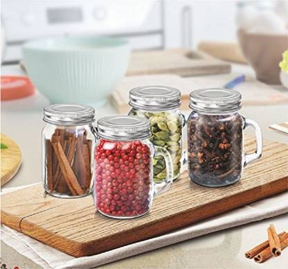 ezra Transparent Glass Mason Mini Jar Set , Set OF 4 PCs, 130 ml, Masalas, Dry Fruits, Mouth Fresheners Holder Glass Mason Jar
