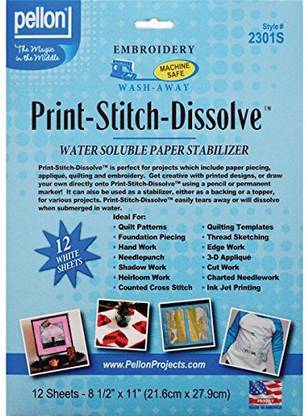 Pellon Print-Stitch-Dissolve Stabilizer For Embroidery, 8.5 By 11-Inch, White, 12-Pack