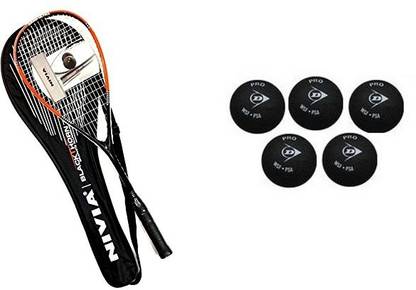 NIVIA Combo of two One 'Black Thorn' Squash racquet and five 'Dunlop Squash Balls - (2 dots) set. Orange Strung Squash Racquet