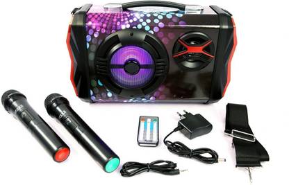 ZEUS Portable Speaker with Inputs from Bluetooth, FM, USB Micro SD, Aux, Guitar with 2 Bundled Cordless Mics for Karaoke sing along or for classroom usage. Also suitable for Corporate training requirements. Perfect for portable applications like parties, picnics, banquet halls and many more. Two additional wired mics can also be connected for a total of 4 Mics. 5 W Bluetooth Home Theatre