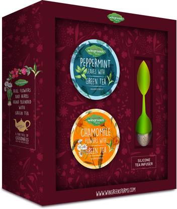 Wingreens Farms Two Tea & Infuser Gift Set (Peppermint & Chamomile Green Tea) Peppermint, Chamomile Green Tea Plastic Bottle