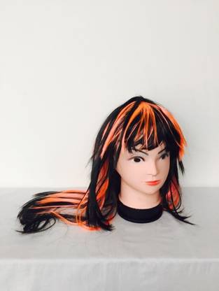 FUNCART Black Long Straight Hair With Orange Highlights