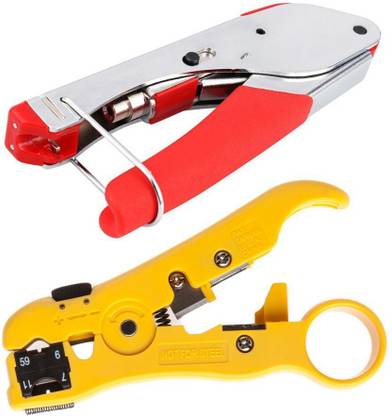 FineArts rg6-stripper-tool Crimping Multitool Wire Stripping Pliers Connector Compressor Crimping Tool F Connector Support Rg6 (5C) / Rg59 (4C) Coaxial Cable Wire TV Crimping Tool, Waterproof Connectors with Universal Cutter Stripper for Flat or Round UTP Cat5 Cat6 Cable Coax Cable Stripping Tool Manual Crimper