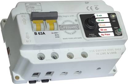 Lifeguard RCCB + MCB, ELCB, RCBO, Sensitivity Multiple: 5mA, 10mA, 25mA, 50mA DP 63 Amp., B-Curve MCB MCB