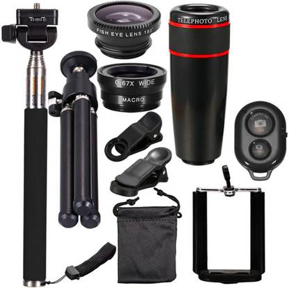 Apexel Selfie Stick Accessory Combo for Mobile Phone (8 in 1 Lens Combo: Macro + Zoom + Fisheye + Wide Angle + Tripod + Shutter + Selfie Stick + Holder)