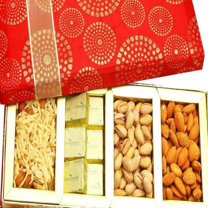 Ghasitaram Gifts Satin 4 Part Almonds, Pistachios, Chocolate and Namkeen Box Combo