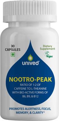 Unived Unived Nootro-Peak, Natural Caffeine + L-Theanine with Active Forms of Vitamins B6, B9, & B12, 30 Vegan Capsules