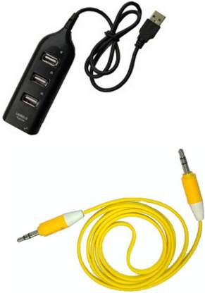 Hamee 4 Port High Speed USB 2.0 Hub Multiple Port Hub Extension with 2 way Aux Cable for Mobile to Headphones / Car Stereo Combo Set