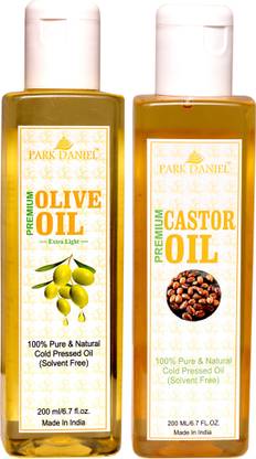 PARK DANIEL Pure Olive Oil and Cold pressed Castor oil Combo of 2 bottles of 200 ml(400 ml)