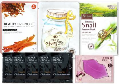 PG Total Care Beauty Friends Reg Ginseng, Snail, Bird Nest Sheet Mask and Lip Mask with 5 Blackhead/Whitehead Removing charcoal liquid peel