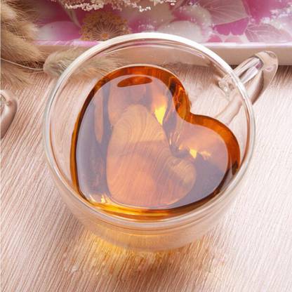 BONZEAL Double Layer Wall Heart Shaped Borosilicate Clear Tea Coffee Cups with Handle Glass Coffee Mug