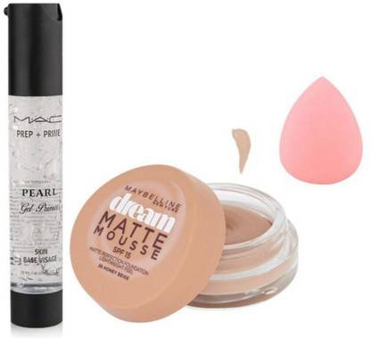 M.A.C PREP+PRIME PEARL GEL SKIN BASE VISAGE Primer & Maybelline Dream Matte Mousse Foundation & puff