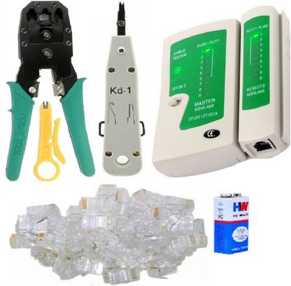 BALRAMA Combo Crimping Tool + Network LAN Cable Tester + RJ 45 Connectors Cable Plug Heads Multifunctional Tools for IT Laptop Computer Network Profeesionals Manual Crimper Combo Set