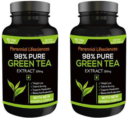 Perennial Lifesciences Pure Green Tea Extract For Weight Loss & Antioxidants with 95% Polyphenols 500 mg 60 Veggie Capsules (Pack of 2)