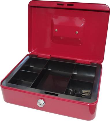 Sukot 10" Large Red Cash Box Petty Cash Key Locker Home Office Security Locker with Coin Tray Safe Locker