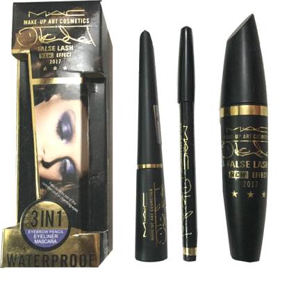 M.A.C 3 IN 1 MAKE UP ART COMBO FALSE LASH BLACK 1 EYELINER, 1 MASCARA, 1 EYEBROW PENCIL