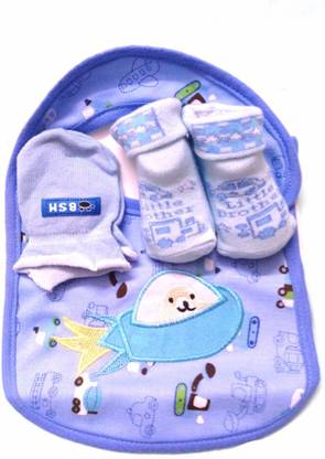 BBS Blue Born To Fly Design 3 Pcs High Quality Baby Bib, Anti Scratch Mittens And Socks Gift Set For Baby Boy(0-6 Months)